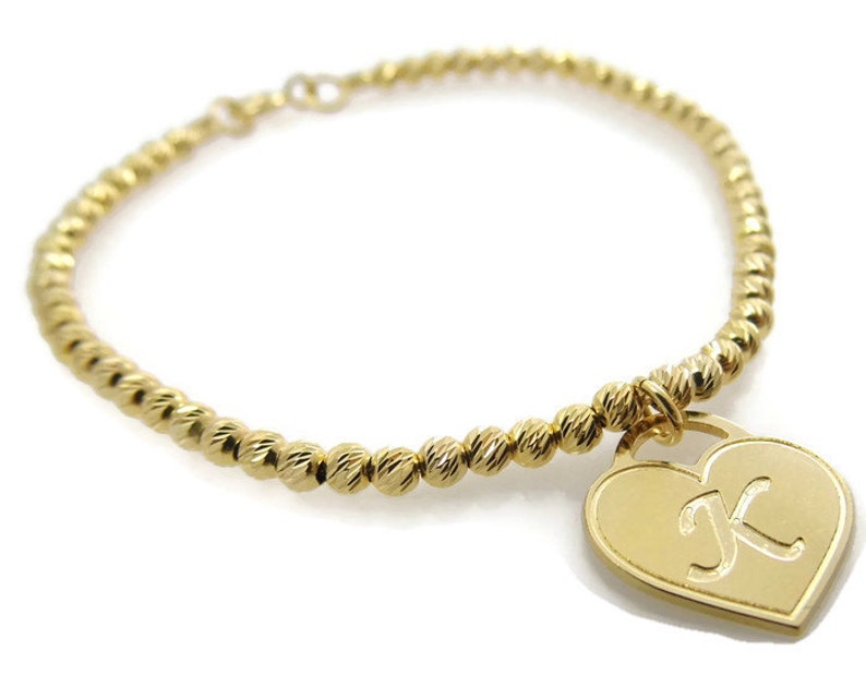 Initial bracelet. Heart gold bracelet. Gold bracelet. Beaded image 1
