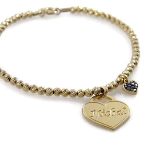 Name bracelet. Heart gold bracelet. Gold heart bracelet. Beaded name bracelet. Personalized bracelet. Gold plated brass bracelet.