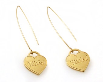 Name Earrings. Monogram Earrings. Gold Earrings. Personalized Earring. Alphabet Earring. Drop Earring. Name heart Earring. Heart.