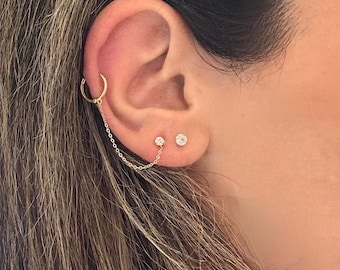 14kt solid gold hoop conect to chain , Stads and Drape Chain connect to hoop,long chain Stads earrings. wire earrings. chain dangle earrings