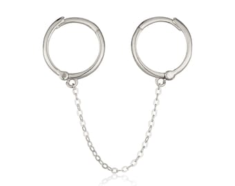 14kt solid gold 2 hoops connect with a chain , Chain connect to hoop, long chain Stads earrings. wire earrings. chain dangle earrings