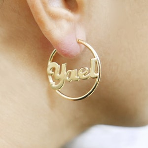 Large Personalized script gold name earrings. hoop earrings. Name earrings. Name hoop earrings. gold name earrings. Personalized earrings.