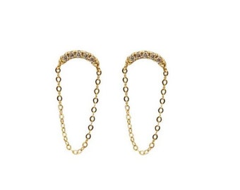 Moon 14kt solid gold Stads and Drape Chain Stud Earrings,long chain Stads earrings. wire earrings. chain dangle earrings
