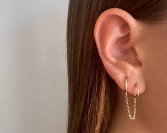 14kt solid gold 2 hoops connect with a chain , Chain connect to hoop, long chain Stads earrings. wire earrings. chain dangle earrings