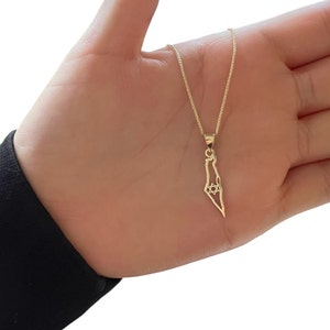 Pequeño mapa de Israel. Estrella de David en oro macizo de 14 k sobre el mapa de Israel. Joyas judías. Collar de Magen David. Mapa de Israel en oro de 14 k