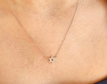Super tiny 14k solid gold star of david necklace. Judaica Jewelry. star of david necklace with zircons. Magen david necklace. kabala
