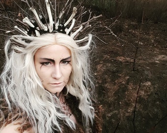 Witch queen crown - wood and bones - pagan folk gothic headpiece