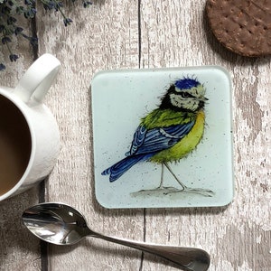 Blue Tit Bird Glass Coaster - Drinks Mat, Recycled Glass, Garden Bird Gift, Small Gift for Bird Lovers