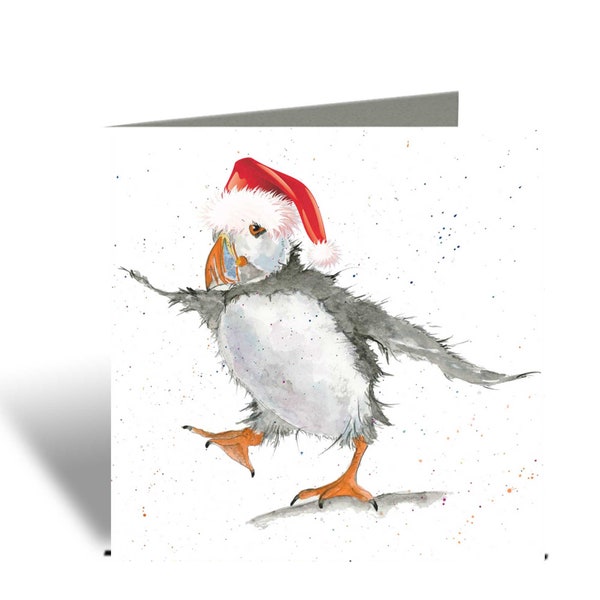 Pulcinella di mare festiva che indossa la cartolina di Natale del cappello di Babbo Natale, Fun Bird Holiday Card, Acquarello di pulcinella di mare, Cappello di Babbo Natale