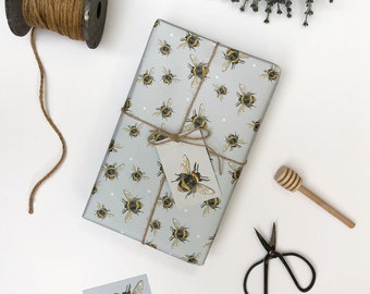 Bee Wrapping Paper - Bee Gift Wrap - Bee Gift, Blue - Birthday Wrapping Paper