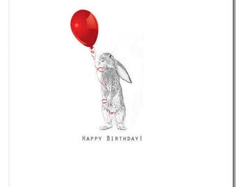 Bunny Card, Happy Birthday, Balloon, Blank Inside, Animal Card