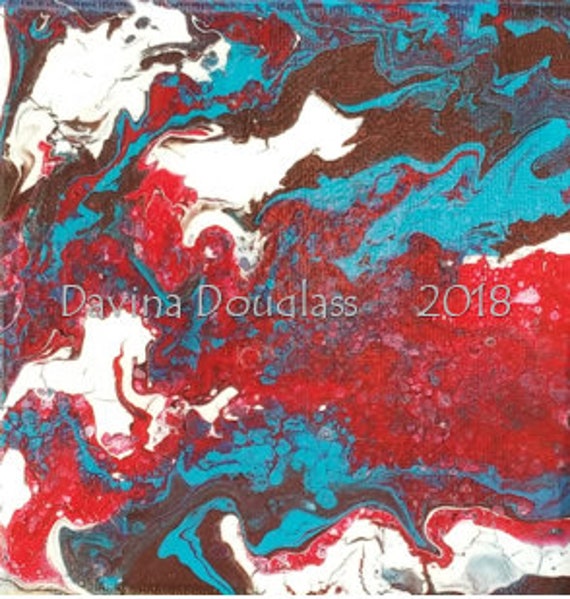 Acrylic Art Pour 6x6 Red Blue White Brown Yellow Turquoise Black Flower Bottle Pour Davina Douglass