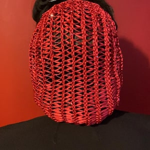 1940s red snood hair net with faceted crystals.