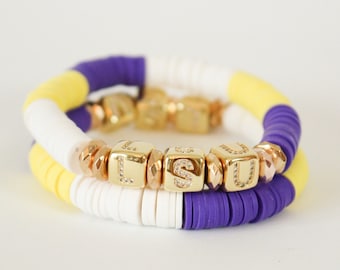 Louisiana State University (LSU) Pave Polymer Clay Stretch Bracelet