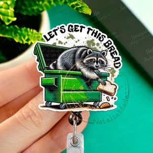 Funny Racoon Retractable Badge Reel, Let's Get This Bread ID Holder Clip, Heavy Duty Reel, Lanyard, Carabiner, MRI Safe, Gift for Nurse