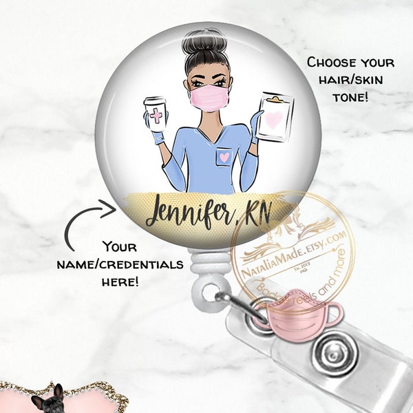 Personalized Nurse CNA Badge Reel with Mask Charm, Retractable ID Badge Clip, Cute ID Holder, Carabiner, Lanyard, Stethoscope Name Tag