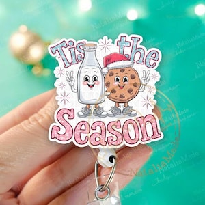 Cute Holiday Retractable Badge Reel, Tis The Season Milk and Cookies ID Name Holder Clip, Heavy Duty Reel, Lanyard, Carabiner, MRI Safe