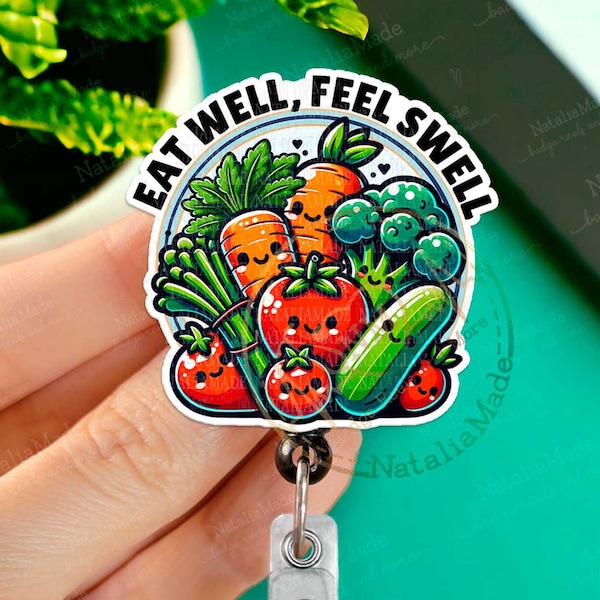 Eat Well Feel Swell Retractable ID Badge Reel, Dietician Nutritionist Name Badge Holder Clip, Heavy Duty Reel, Breakaway Lanyard, Carabiner