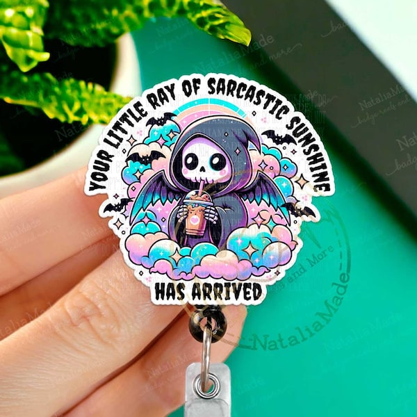 Funny Ray of Sarcastic Sunshine Retractable Badge Reel, Cute Grim Reaper ID Holder Clip, Heavy Duty Reel, Carabiner, MRI Safe, Nurse Gift