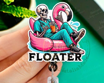 Funny Float Nurse Retractable Badge Reel, Floater Skeleton Pool Float ID Holder, Heavy Duty Reel, Lanyard, Carabiner, MRI Safe, Nurse Gift
