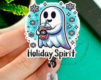 Holiday Spirit Ghost Retractable Badge Reel, Christmas Halloween ID Name Clip, Heavy Duty Reel, Lanyard, MRI Safe, Stocking Stuffer Gift
