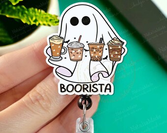Boorista Retractable Badge Reel - Cute Ghost Coffee Badge Holder, ID Badge Clip Halloween Heavy Duty Reel, Lanyard, Medical Badges
