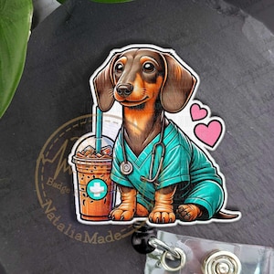 Dachshund Scrubs Retractable ID Badge Reel, Cute Wiener Dog with Coffee Nurse RT Badge Holder, Heavy Duty Reel, Lanyard, Carabiner, MRI Safe