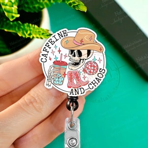 Caffeine and Chaos Retractable Badge Reel - Skeleton Coffee Badge Holder, ICU Med Surge Nurse Heavy Duty Reel, Lanyard
