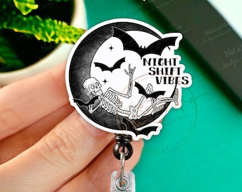 Night Shift Vibes Retractable Badge Reel, Funny Skeleton Badge Holder, Radiology XRay Badge, Halloween Badge, Medical Badges Heavy Duty Reel