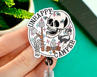 Unhappy Camper Retractable Badge Reel - Funny Skeleton Skull Badge Holder, Heavy Duty Reel, Lanyard, Medical Badges