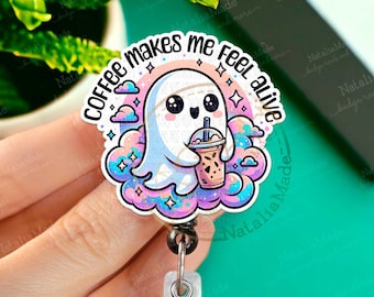 Coffee Makes Me Feel Alive Retractable Badge Reel, Cute Pastel Goth ID Holder Clip, Heavy Duty Reel, Carabiner, MRI Safe, Gifts under 15