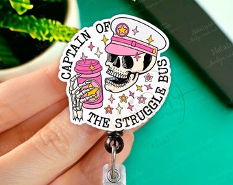 Captain Of The Struggle Bus Retractable Badge Reel - Funny Skeleton Skull Badge Holder, Heavy Duty Reel, Lanyard, Medical Badges