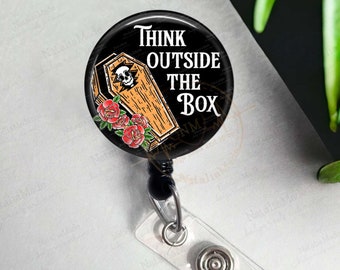 Funny Badge Reel, Think Outside the Box Coffin Retractable Badge Holder, ID Name Badge Clip, Heavy Duty Reel, Carabiner, Breakaway Lanyard