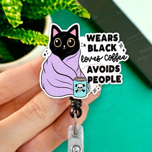 Cute Cat and Coffee Acrylic Retractable Badge Reel - Funny Antisocial ID Holder, Vet Tech Cat Lover Gift Heavy Duty Reel, Lanyard