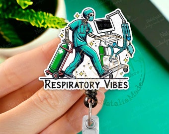 Funny Respiratory Therapist Badge Reel, RRT Respiratory Vibes Skeleton ID Holder Clip, Heavy Duty Reel, Lanyard, Carabiner, MRI Safe,