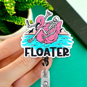 Float Nurse Float Pool Retractable Badge Reel - Funny Skeleton Badge Holder, Heavy Duty Reel, Lanyard, Medical Badges