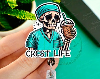 Funny Skeleton CRCST Life Retractable Badge Reel, Sterile Processor Name Holder Clip, Heavy Duty Reel, Lanyard, Carabiner, MRI Safe