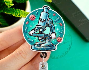 Microscope Laboratory Badge Reel, Clinical Lab Scientist Badge ID Holder, Lanyard, Carabiner Heavy Duty Badge Reel Holder, Gift Under 15
