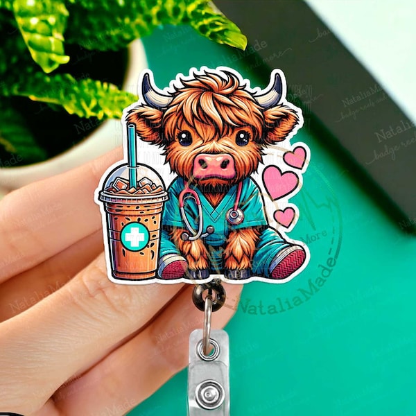 Highland Cow In Scrubs Retractable ID Badge Reel, Cute Cow with Coffee in Nurse Scrubs Badge Holder, Heavy Duty Reel, Lanyard, Carabiner