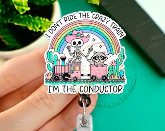 Funny Badge Reel, Crazy Train Conductor Skeleton Retractable ID Holder Clip, Heavy Duty Reel, Lanyard, Carabiner, MRI Safe,