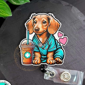 Dachshund in Scrubs Retractable ID Badge Reel, Cute Wiener Dog in Scrubs  Nurse Vet Tech Badge Holder, Heavy Duty Reel, Lanyard, Carabiner