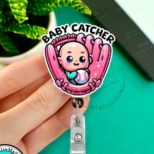 Labor and Delivery Retractable Badge Reel, Cute Baby Catcher ID Holder Clip, Heavy Duty Reel, Lanyard, Carabiner, Nurse Midwife Doula Gift