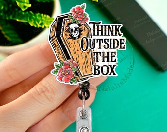 Funny Retractable Badge Reel, Think Outside The Box Coffin ID Holder Clip, Heavy Duty Reel, Lanyard, Carabiner, MRI Safe, Gift for Nurse