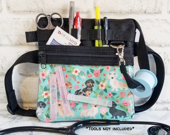 Floral Dachshund Hip Organizer Bag - Nurse Utility Bag - Vet Tech Organizer Pack - Nurse Tool Belt  - Medical Fanny Pack - Cute Nurse Purse