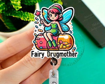 Funny Fairy Drugmother Retractable Badge Reel, Pharmacy CPhT ID Holder Clip, Heavy Duty Reel, Lanyard, Carabiner, MRI Safe, Gift for Nurse