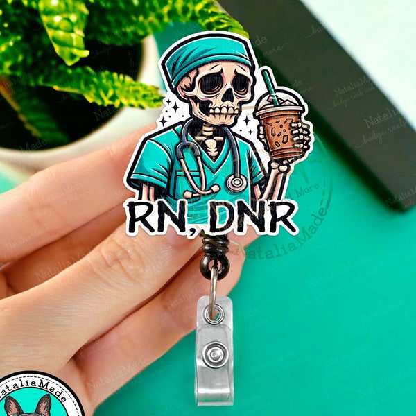 Funny Nurse Retractable Badge Reel, RN DNR Skeleton Name Holder Clip, Heavy Duty Reel, Lanyard, Carabiner, MRI Safe, Gift for Nurse