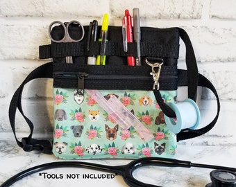 Teal Floral Dogs Nurse Hip Organizer Bag - Nurse Bag - Nurse Belt Bag - Vet Tech Organizer Bag - Medical Tool Belt - Veterinarian Bag