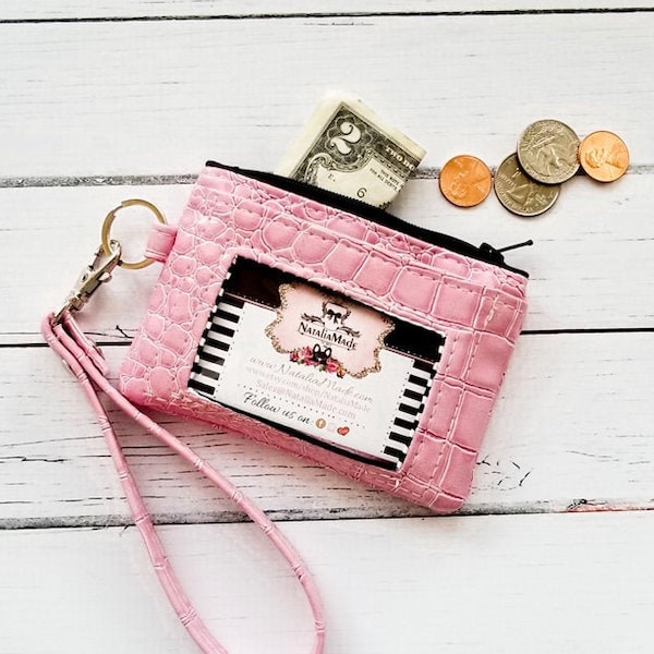 Pink crocodile ID wallet, alligator purse, faux crocodile bag, wristlet wallet, ID keychain wallet, business card holder, small ID wallet,