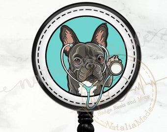 French Bulldog Nurse Badge Reel, Retractable Badge Holder, Cute