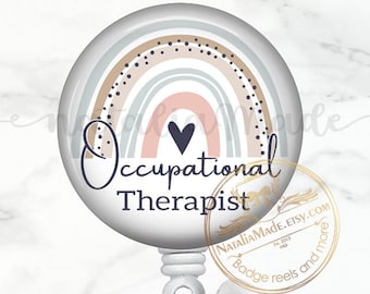 Occupational Therapist Badge Reel,  Retractable Badge Holder, OT Badge Clip, Rainbow Occupational Therapy ID Badge, Lanyard, Carabiner